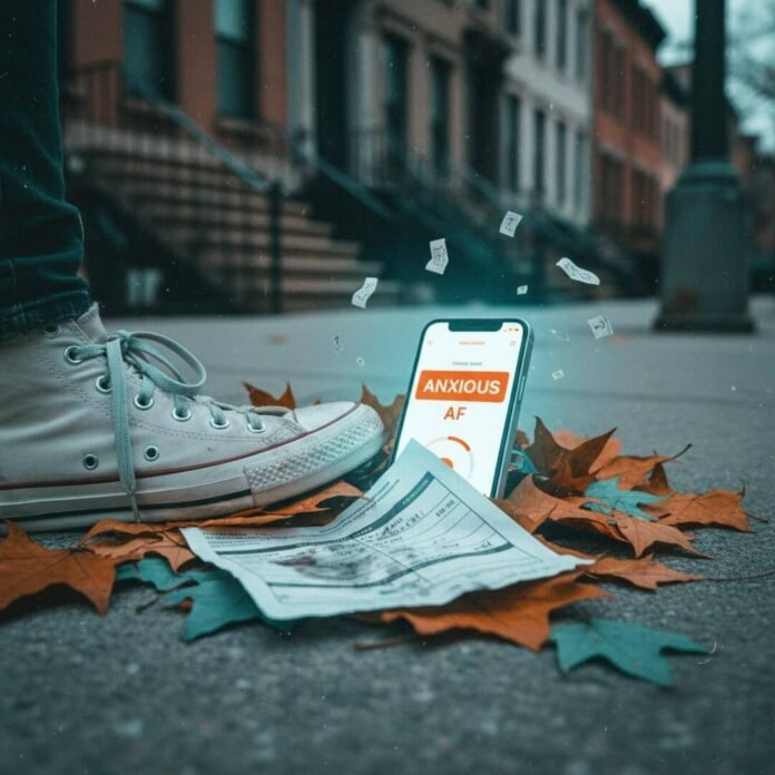 Sneaker on therapy worksheet and phone on a Brooklyn sidewalk.