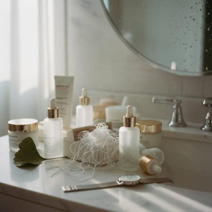 Anti-aging skincare products and a watch on a bathroom vanity.