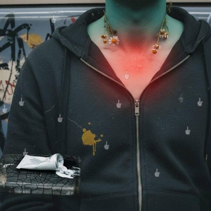 Half-zipped hoodie, glowing rash, exploded ceramide on subway.