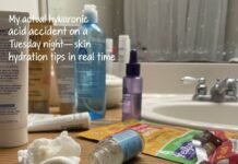 Skin Hydration Tips That Will Keep Your Skin Plump and Beautiful Hyaluronic acid spill with skincare products.