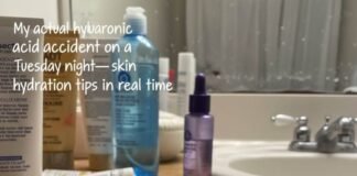 Skin Hydration Tips That Will Keep Your Skin Plump and Beautiful Hyaluronic acid spill with skincare products.