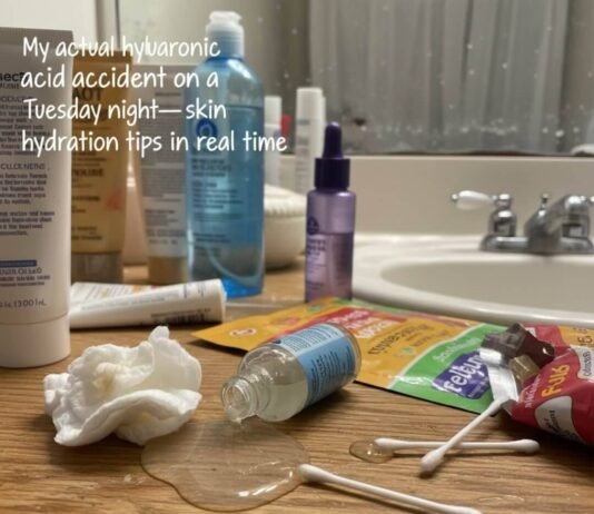 Skin Hydration Tips That Will Keep Your Skin Plump and Beautiful Hyaluronic acid spill with skincare products.