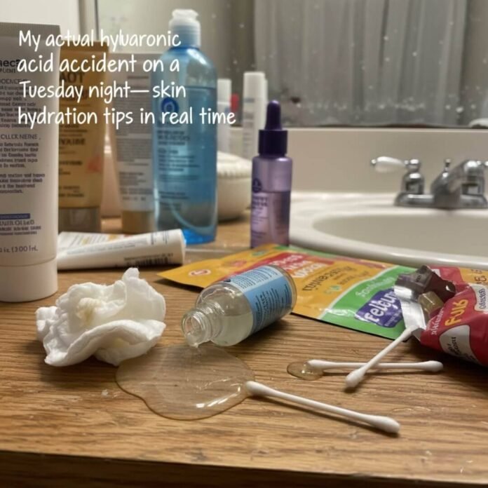 Hyaluronic acid spill with skincare products.