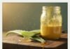 Natural Skincare Solutions for Healthy, Glowing Skin Aloe, turmeric mask, honey on cutting board with text.