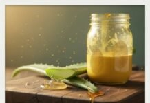 Natural Skincare Solutions for Healthy, Glowing Skin Aloe, turmeric mask, honey on cutting board with text.