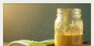 Natural Skincare Solutions for Healthy, Glowing Skin Aloe, turmeric mask, honey on cutting board with text.