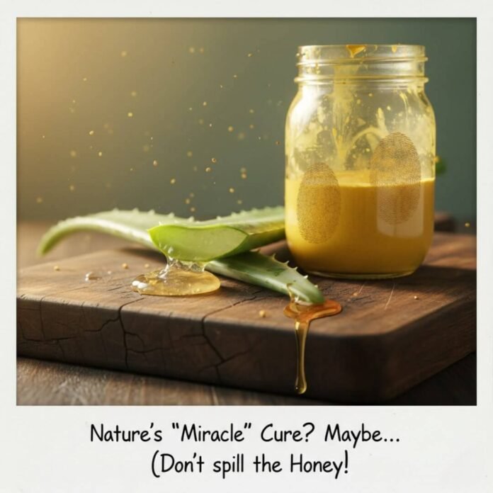 Aloe, turmeric mask, honey on cutting board with text.