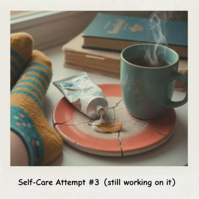 Lotion, tea, and fuzzy socks with "Self-Care Attempt #3" text.