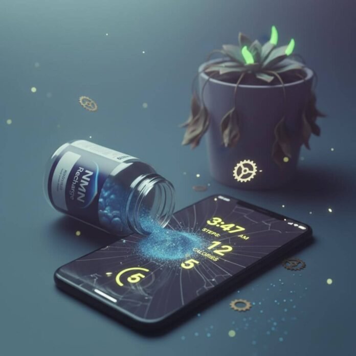 NMN bottle, cracked phone, glowing plant, floating gears.