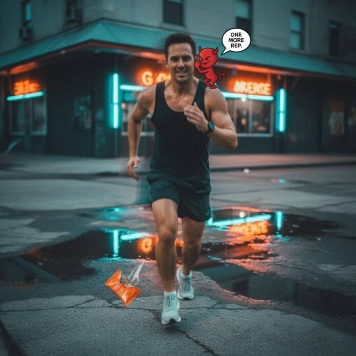 Runner on urban sidewalk with neon reflections.