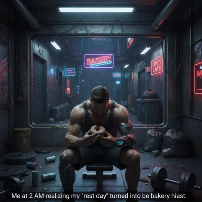 Cyberpunk gym, man eating donut.(1) Cyberpunk gym, man eating donut.