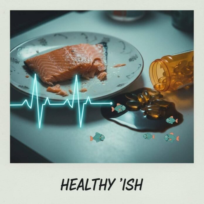 Salmon, omega-3s, and cartoon fish with stethoscopes.(1) Salmon, omega-3s, and cartoon fish with stethoscopes.