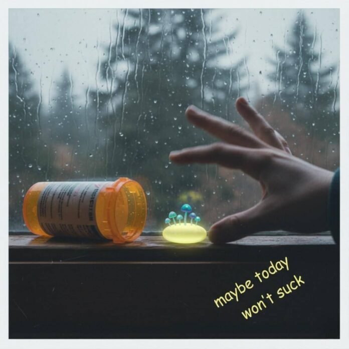 Rainy window, glowing pill, reaching hand.