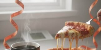 Mindful Eating for Weight Loss: How to Enjoy Your Food and Still Lose Weight Deep-dish pizza, coffee, journal, and measuring tape.