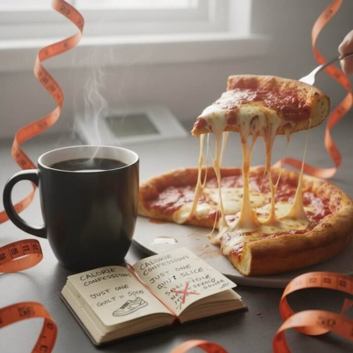 Deep-dish pizza, coffee, journal, and measuring tape.