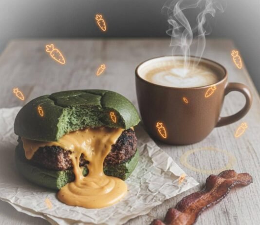 Flexitarian Diet: Why Eating More Plant-Based Foods Is a Win-Win Vegan burger, bacon, latte, and floating carrots.