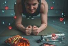 Core Exercises: Strengthen Your Core for a Leaner, Healthier Body Cheetos, yoga mat, sweat, and phone with workout app.