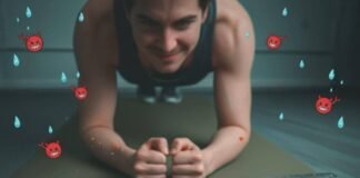 Core Exercises: Strengthen Your Core for a Leaner, Healthier Body Cheetos, yoga mat, sweat, and phone with workout app.