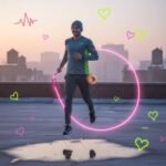 Cardio Workouts That Actually Burn Fat (and Are Fun!) Runner with neon jump rope and donut on foggy rooftop.