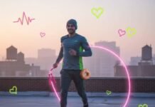 Cardio Workouts That Actually Burn Fat (and Are Fun!) Runner with neon jump rope and donut on foggy rooftop.