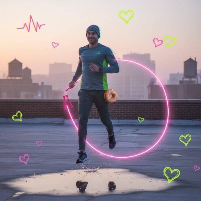 Runner with neon jump rope and donut on foggy rooftop.