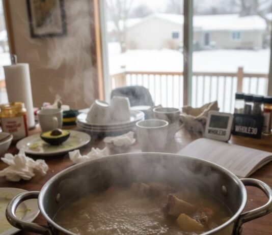 Whole30 Diet: A 30-Day Challenge for Transforming Your Health "Steaming bone broth on a cluttered kitchen counter."