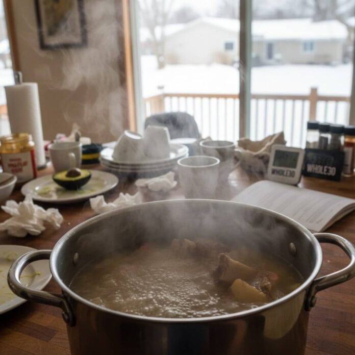 "Steaming bone broth on a cluttered kitchen counter."